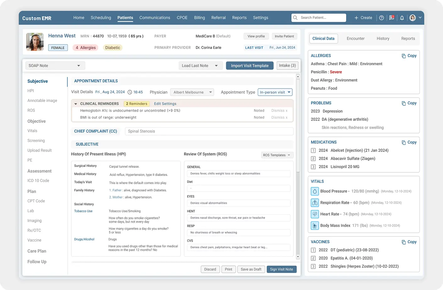 A custom EMR/EMR software dashboard containing a comprehensive overview of patient health information