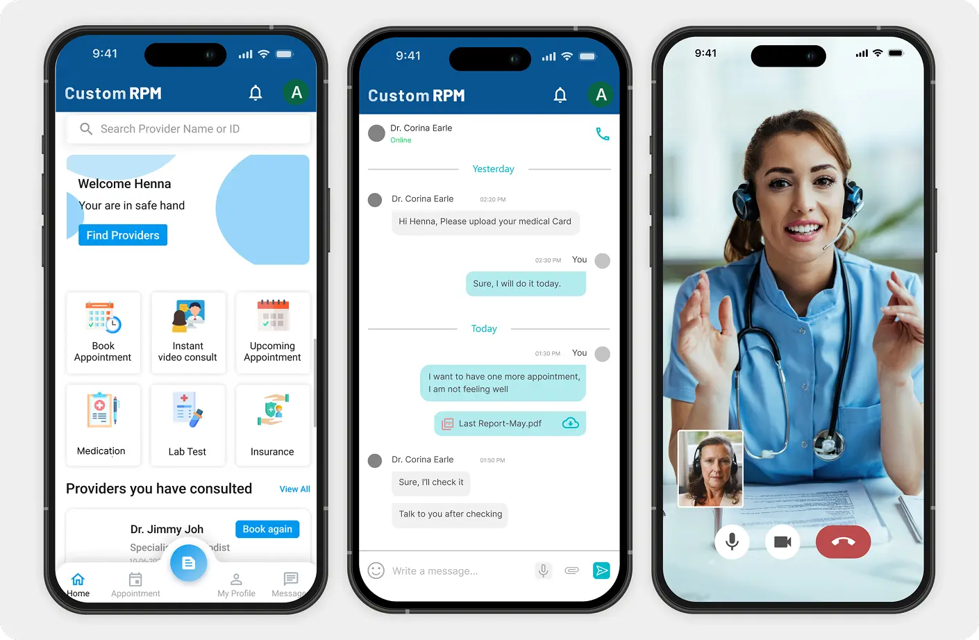 Three different screens on custom healthcare software showcasing the seamless and enhanced ability to elevate patient experience