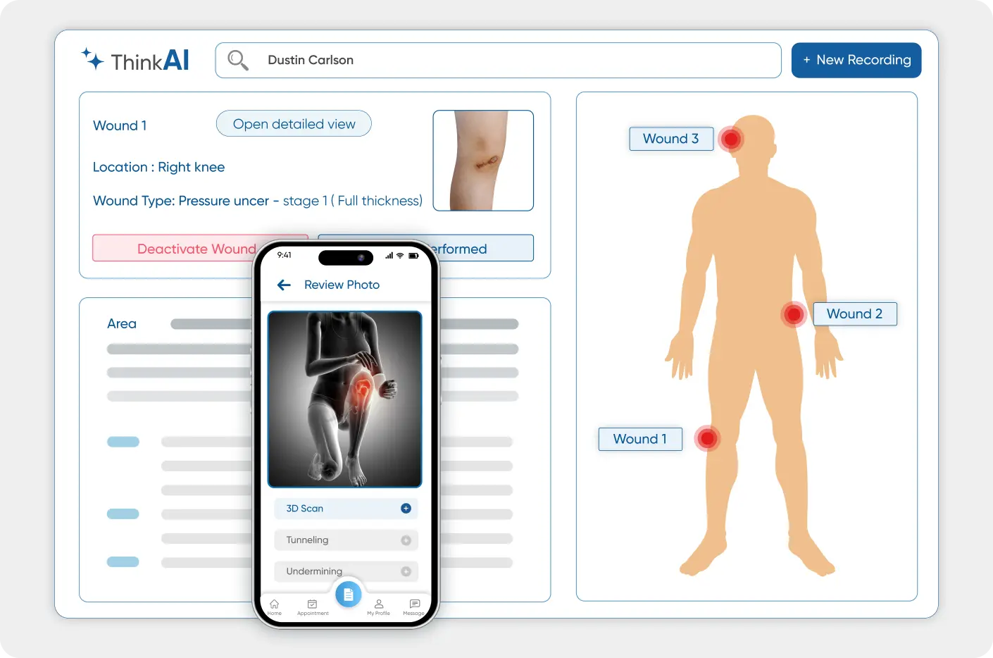 A clinical dashboard with an enlarged image on a mobile screen and telehealth happening in the background where the software is helping the healthcare provider in diagnosis
