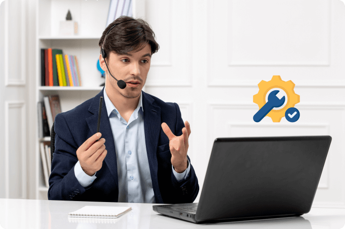 A woman chatting and conversing with a client to showcase error handling and bug fixation process Image