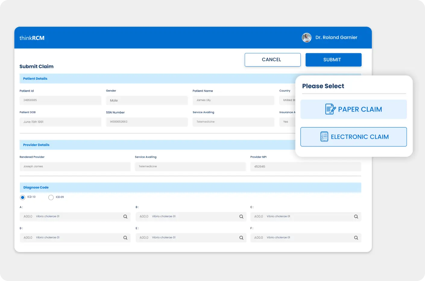 Claims submission screen on revenue cycle management software with pop-up window to submit claims electronically through RCM software
