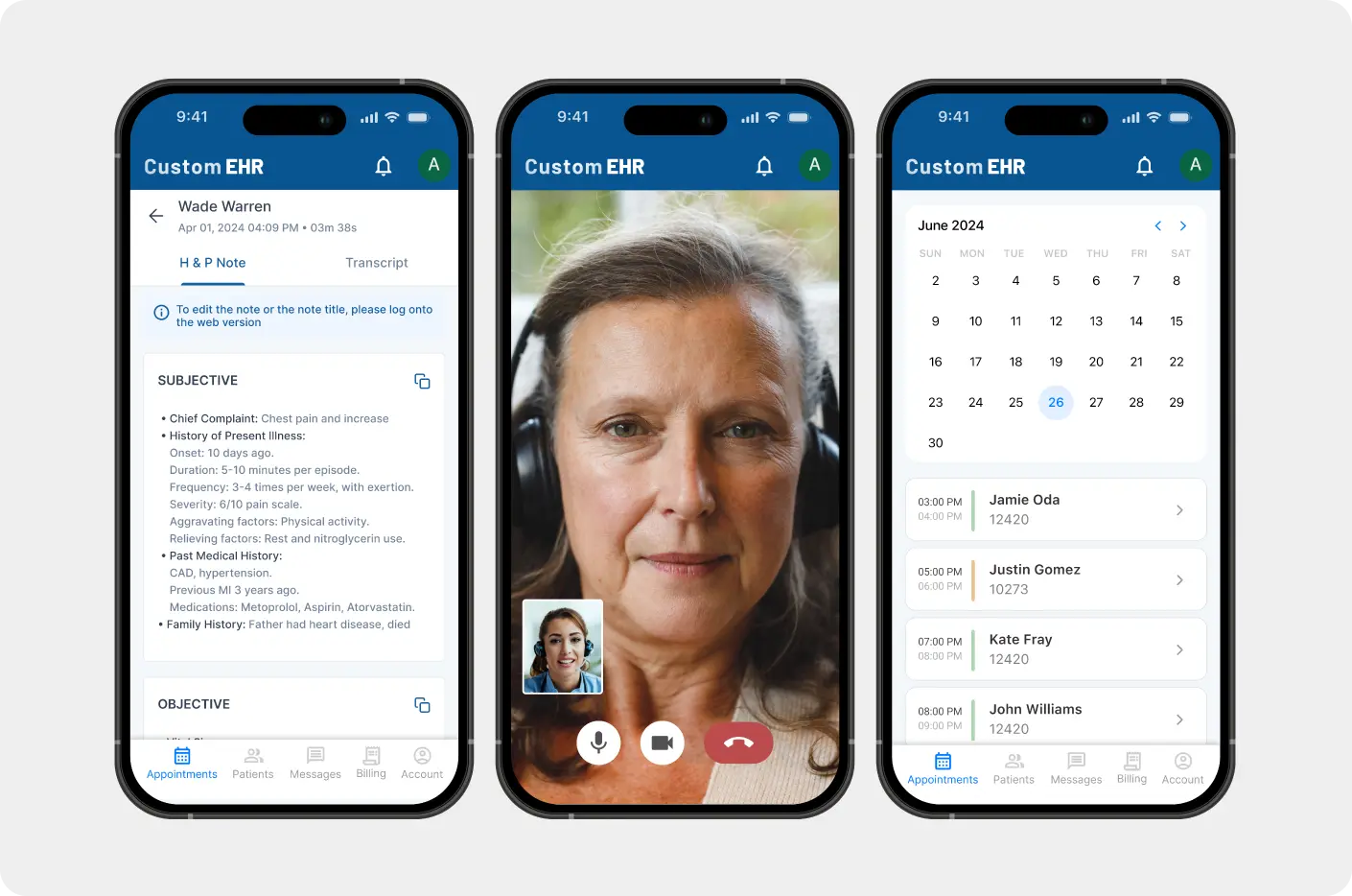 Three different screens of custom healthcare software to show proficiency and wide offerings in custom mobile healthcare application development