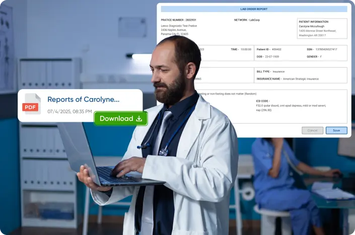 A healthcare provider who is downloading and viewing lab test results in real-time without waiting for a physical copy.
