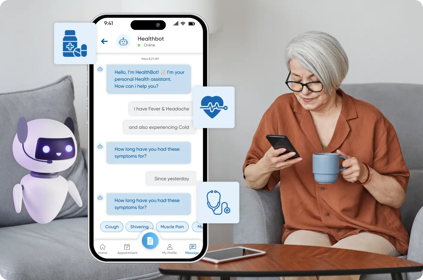 A custom healthcare mobile application interface with a robot outside to show the features of healthcare AI agents in healthcare software development for easy accessibility