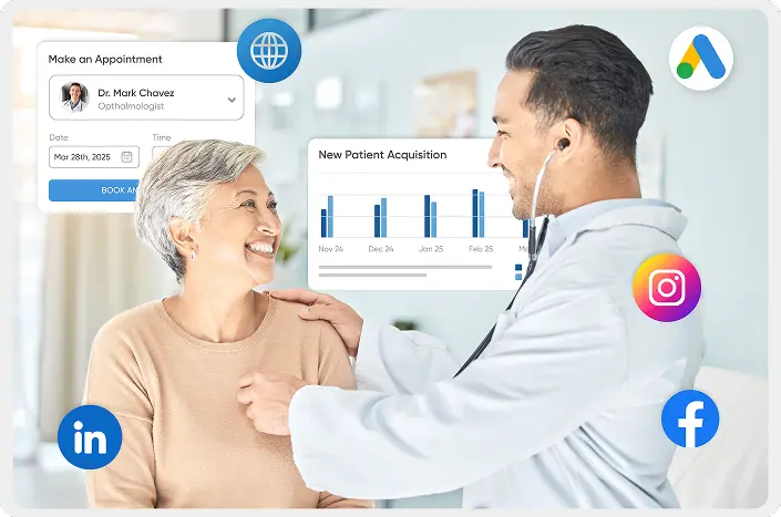 A healthcare provider consulting patient via telehealth using a digtial front door healthcare with different icons of marketing channels