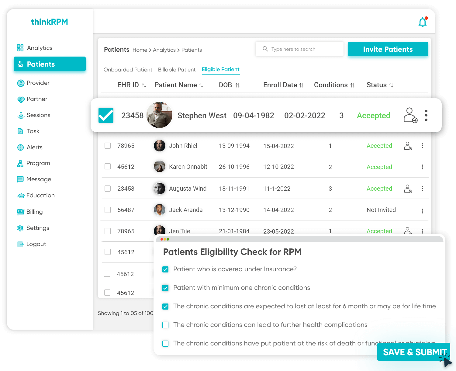 RPM Dashboard screen with Patient'sPatient's detailed personal and clinical information with an option to invite new PatientPatient and eligibility check.