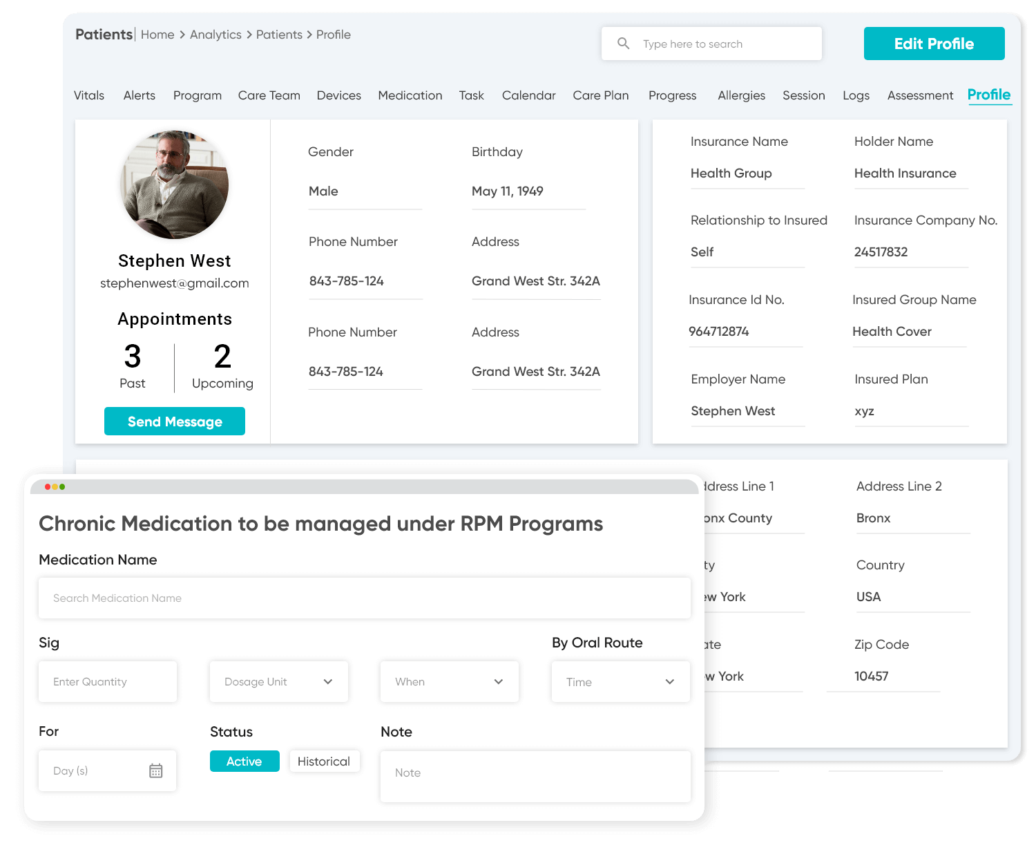 Patient profile with demographic and insurance detail along with a chronic medication to covered under RPM