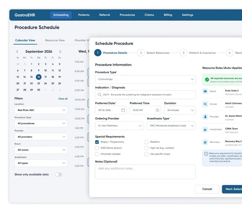 Procedure scheduling in gastroenterology EHR software booking a colonoscopy with auto-applied room, scope, provider and anesthesia resource rules