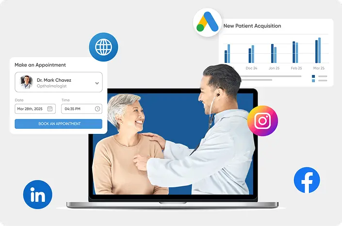 A healthcare provider consulting patient via telehealth using a digtial front door healthcare with different icons of marketing channels