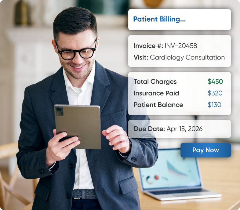 Billing dashboard on custom EHR software with claim submission pop-up