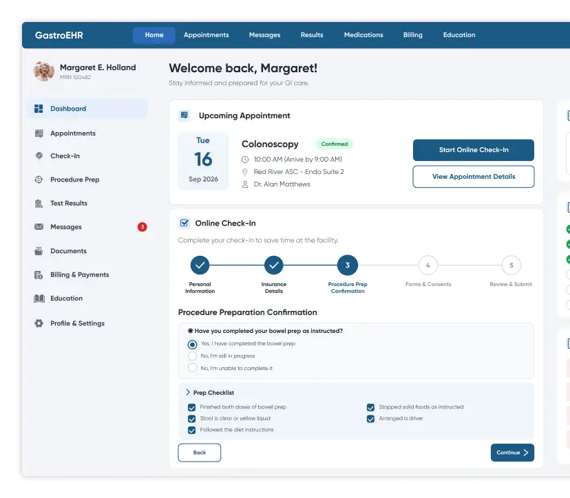GI patient portal in gastroenterology EHR software with online self-service check-in, appointment details and bowel prep confirmation checklist