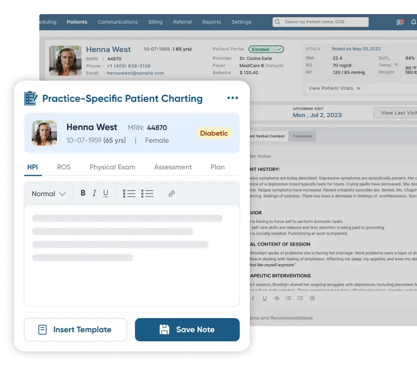 Patient portal dashboard in custom EHR with pop-up with specific patient records detailed