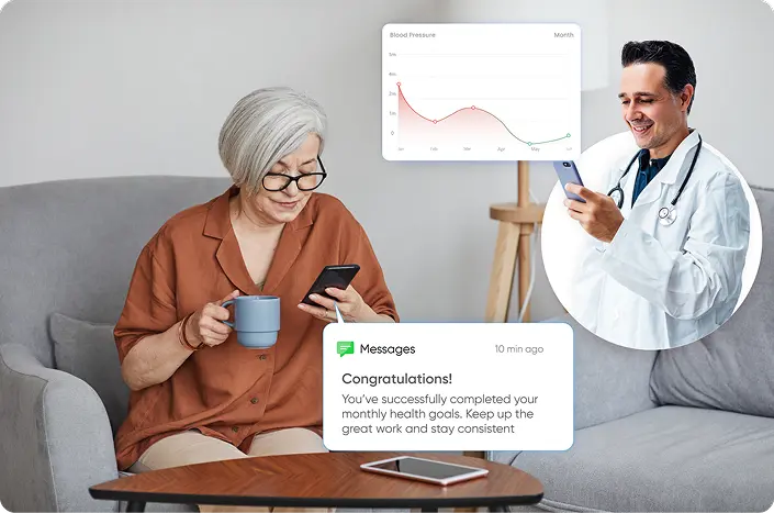 A provider looking at a patient's health graph and in data-driven healthcare solutions, communicating with patients in real-time on their health improvements