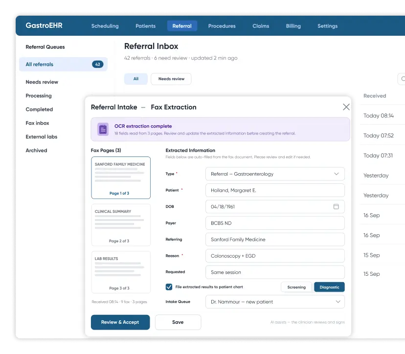 Referral inbox in gastroenterology EHR software with OCR fax extraction auto-filling patient, payer and procedure details for a GI referral