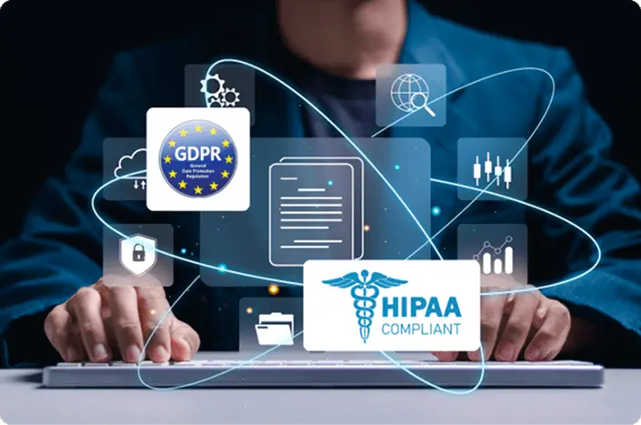 Professionals using AI solutions with robust data governance regulated and monitored by industry regulations like HIPAA, GDPR, and CCPA