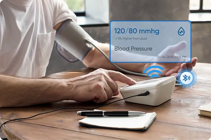 A patient checking their vital signs and transmitting to their healthcare provider with the help of the medical device