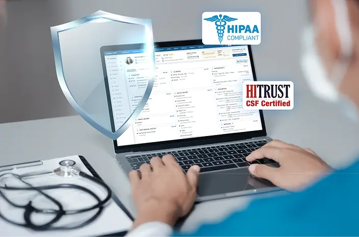 A healthcare provider using secure healthcare software which is compliant with HIPAA and HITRUST as shown by their logos