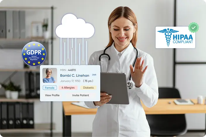 A healthcare provider retrieving patient data from cloud storage safely with a HIPAA and GDPR compliant medical IT solution