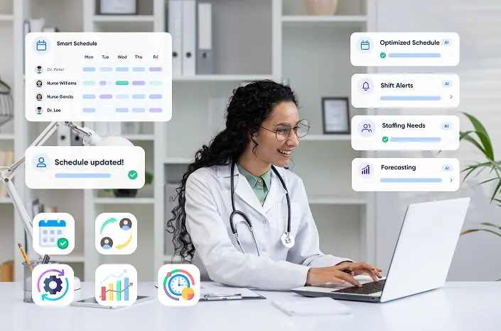 A custom healthcare mobile application interface with a robot outside to show the features of healthcare AI agents in healthcare software development for easy accessibility