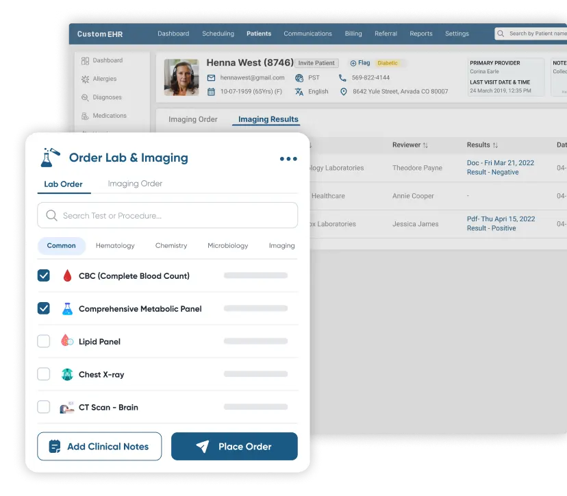 Patient portal in custom EHR software with laboratory window and ordering patient report pop-up