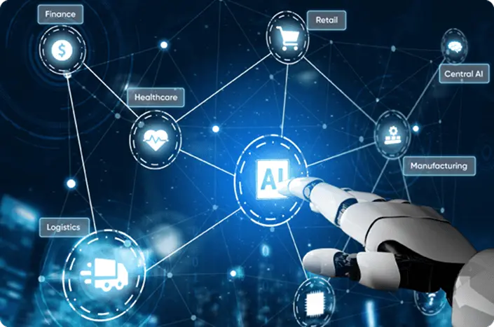 A screen showing tailored AI solutions by industry including healthcare, retail, logistic, manufacturing, and finance