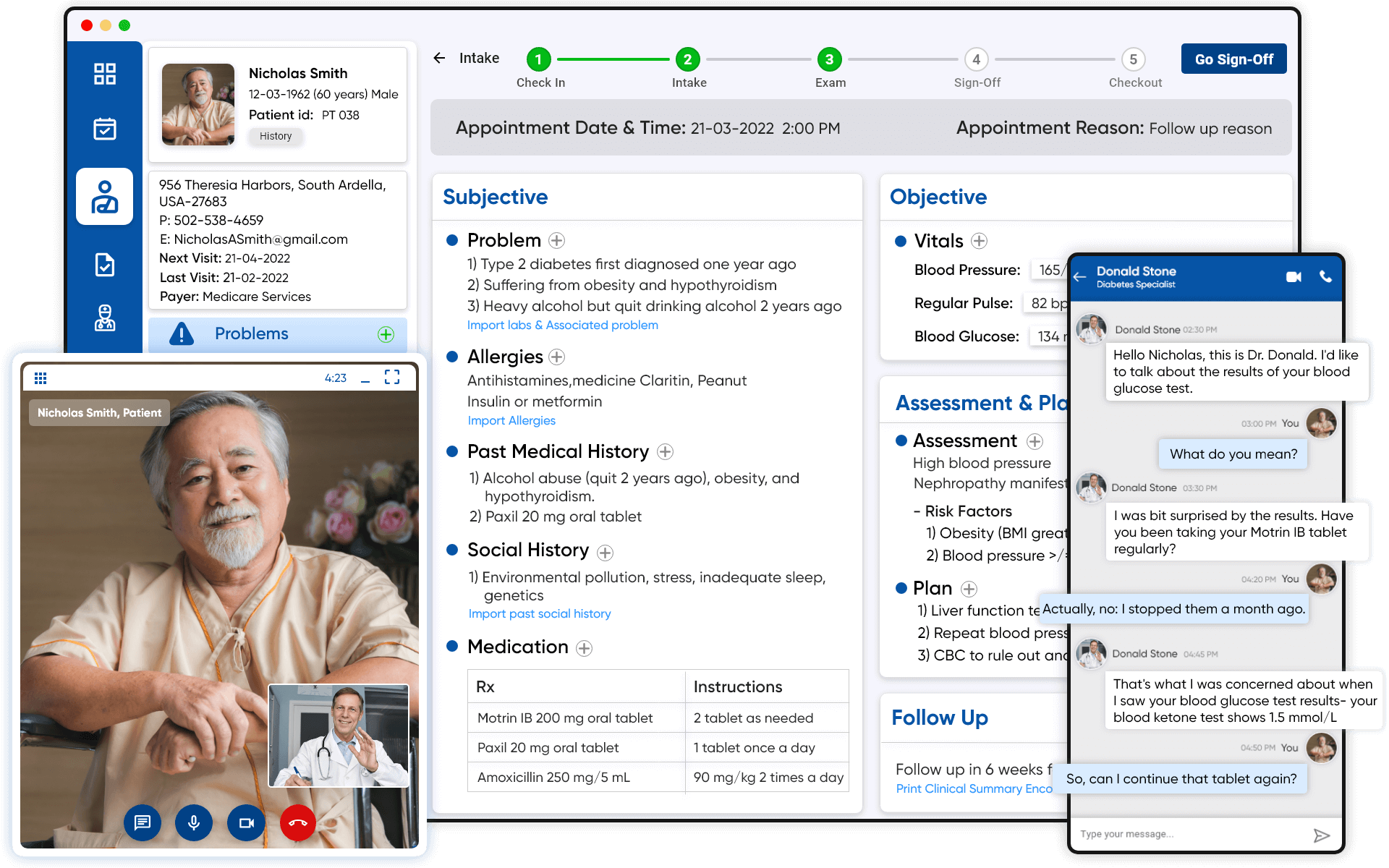 Telemedicine app-dashboard displaying features like patient information, video conferencing options and medical history.