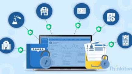 Healthcare data exchange concept showing EHR system, security, and connected clinical workflows.