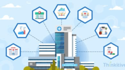 Connected healthcare ecosystem showing hospital linked with labs, pharmacies, and digital health systems.