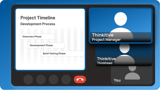 Tablet view of project manager having a video call with the client sharing details of the UI/UX project timeline, design process, and goals.