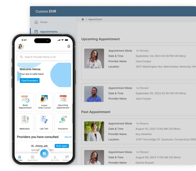 Custom EHR dashboard of providers and mHealth EHR app interface
