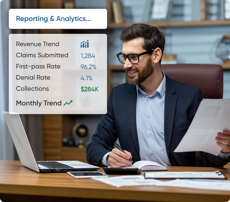 Reporting dashboard in custom EHR software for generating clinical and billing reports and detailed analytics pop-up